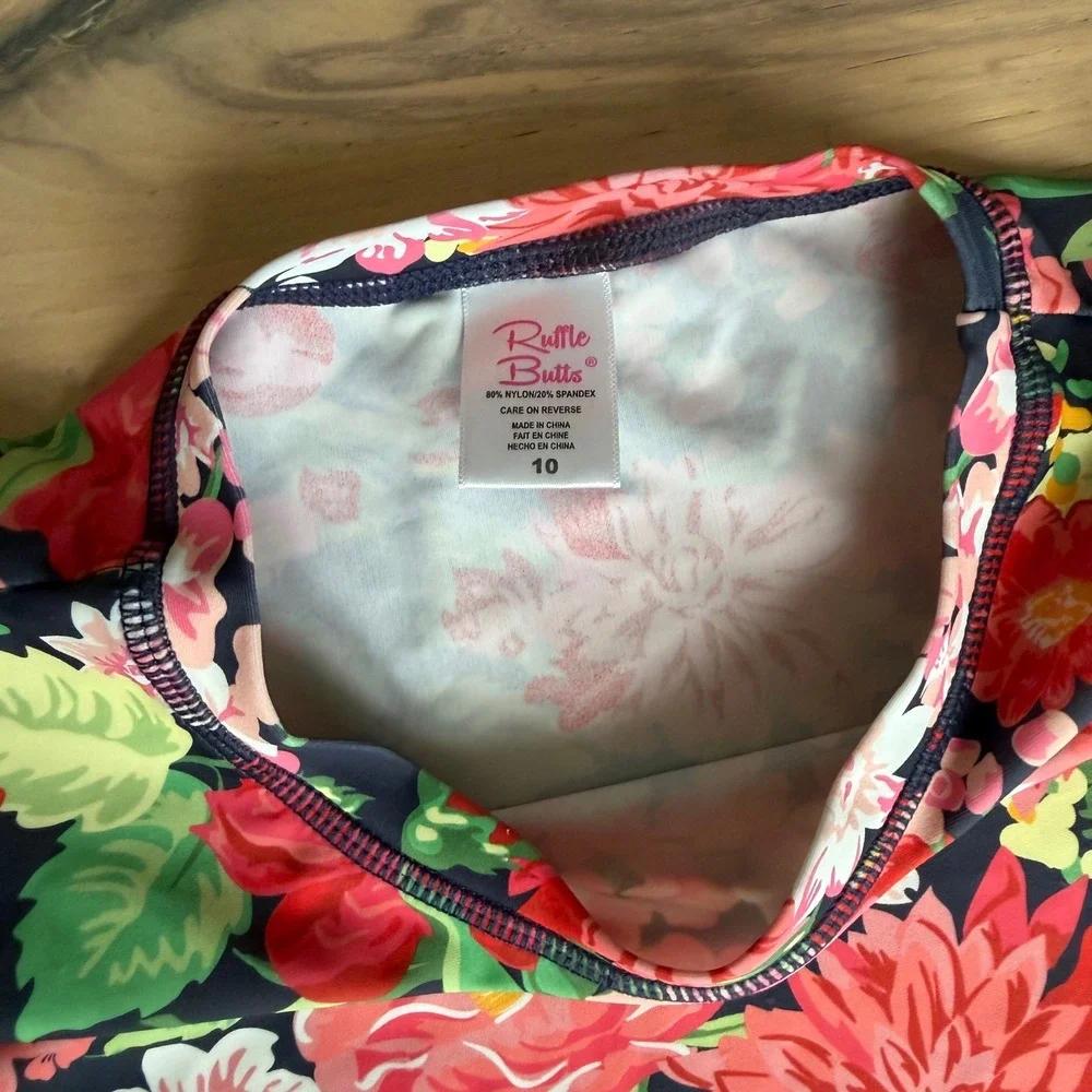 RuffleButts Girls Floral Long Sleeve Rash Guard Swim Shirt Red Pink Navy Size 10